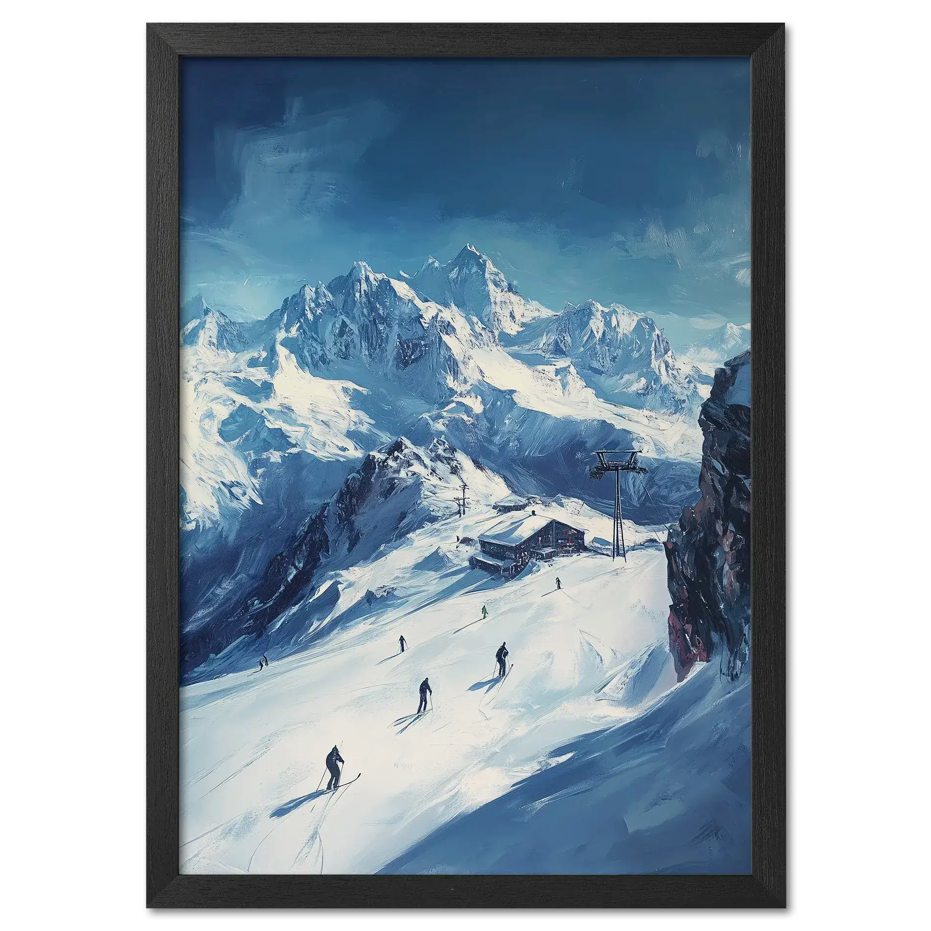 Skiing the Alps - Adventure Awaits - Poster featuring skiers on an alpine slope with snowy peaks.
