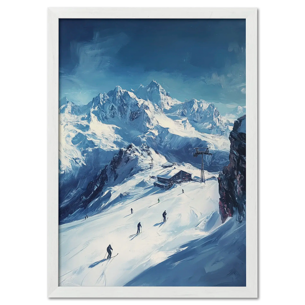 Skiing the Alps - Adventure Awaits - Poster featuring skiers on an alpine slope with snowy peaks.