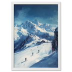 Skiing the Alps - Adventure Awaits - Poster featuring skiers on an alpine slope with snowy peaks.