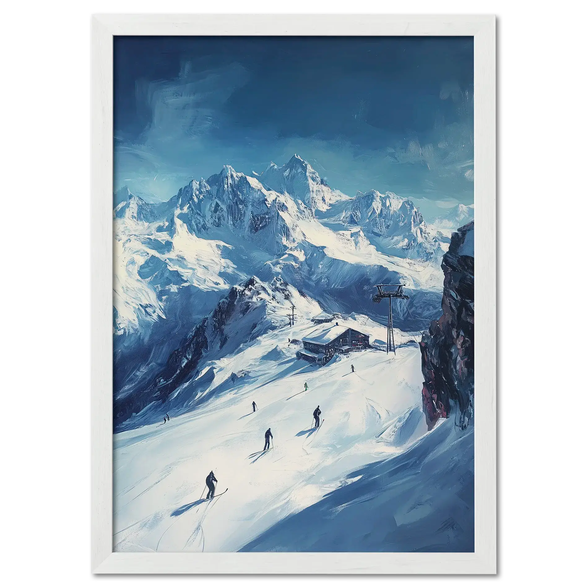 Skiing the Alps - Adventure Awaits - Poster featuring skiers on an alpine slope with snowy peaks.