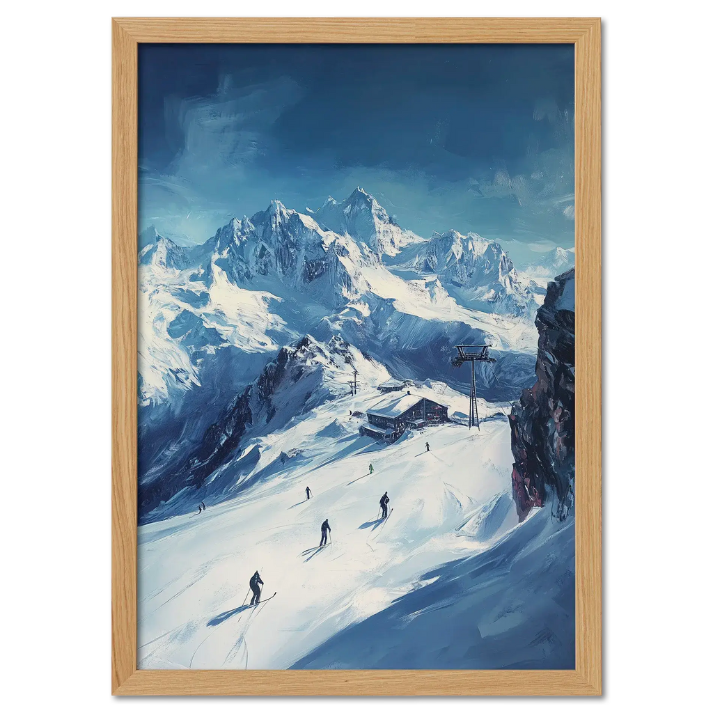 Skiing the Alps - Adventure Awaits - Poster featuring skiers on an alpine slope with snowy peaks in the background.