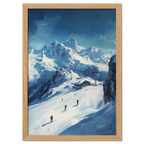 Skiing the Alps - Adventure Awaits - Poster featuring skiers on an alpine slope with snowy peaks in the background.