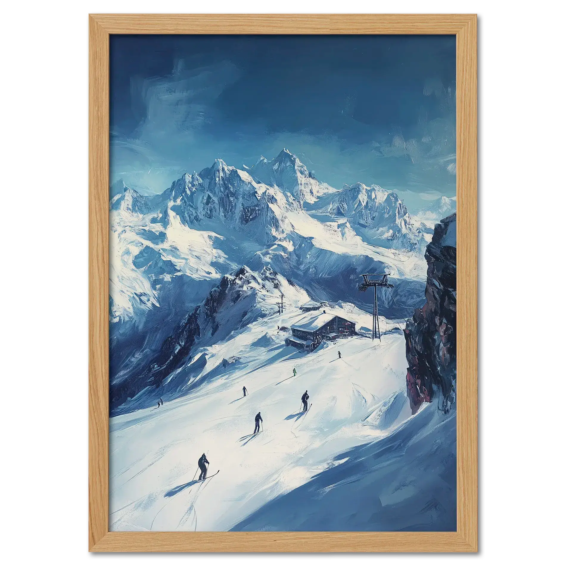 Skiing the Alps - Adventure Awaits - Poster featuring skiers on an alpine slope with snowy peaks in the background.