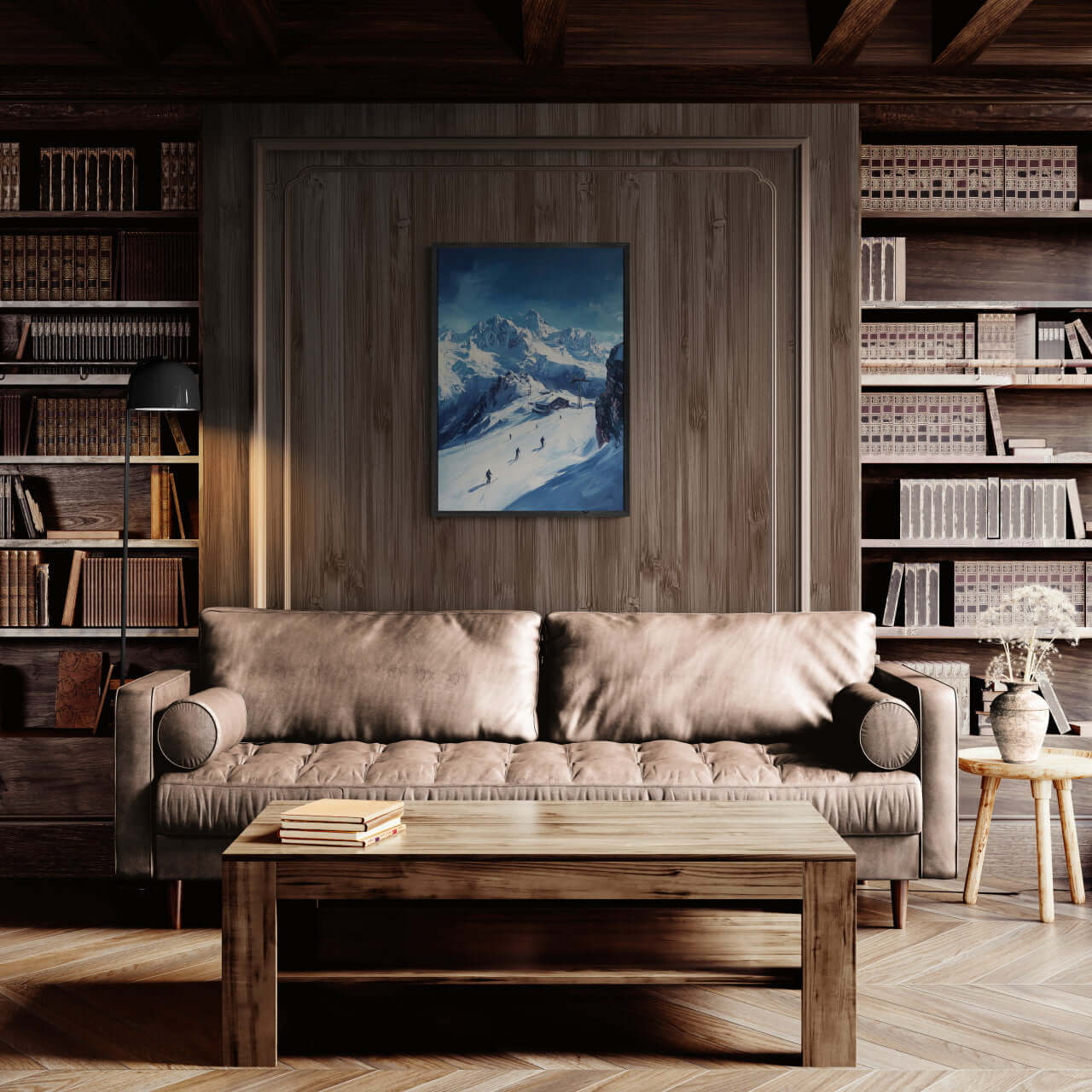 Skiing the Alps - Adventure Awaits - Poster displayed in a rustic, cozy living room with wooden shelves.