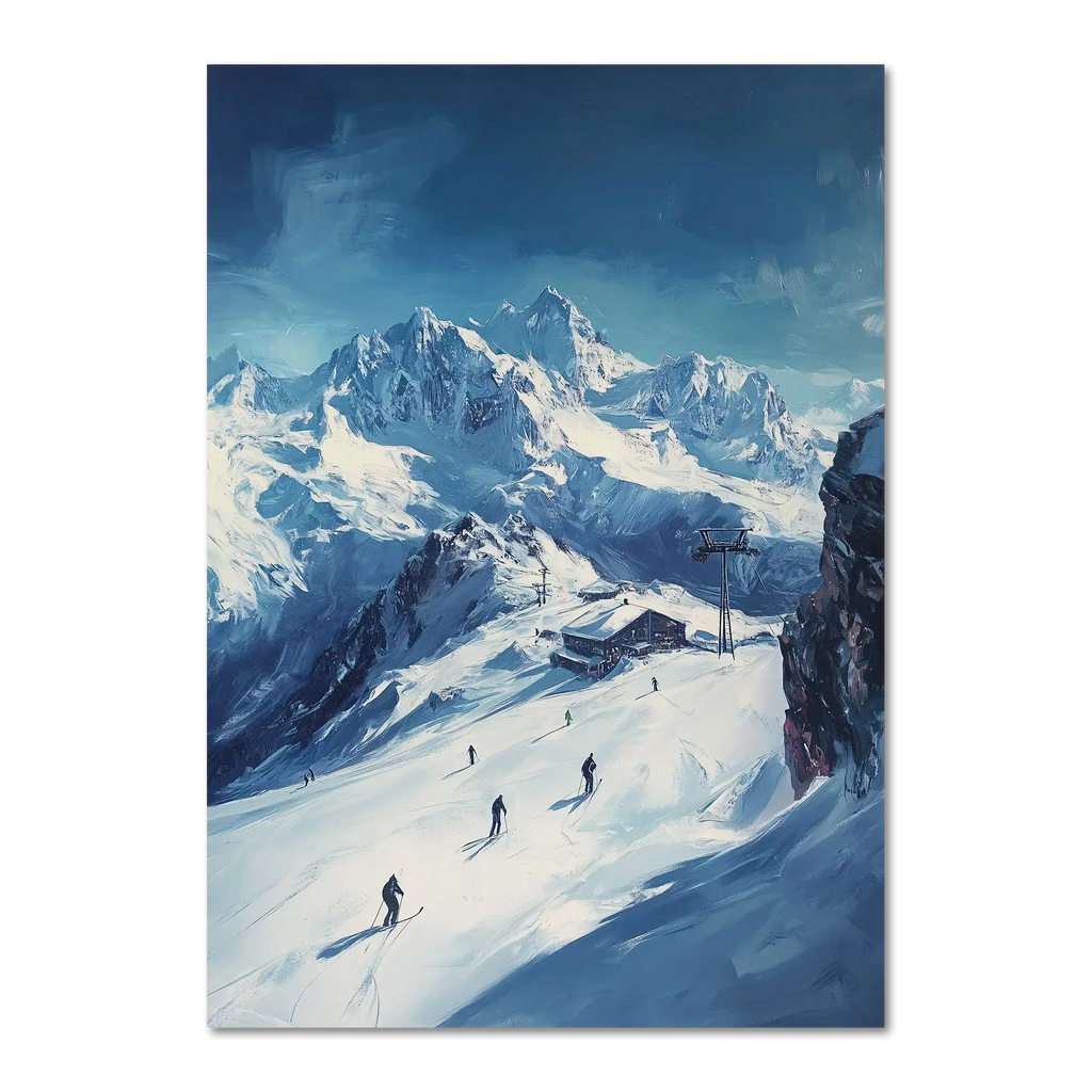 Skiing the Alps - Adventure Awaits - Poster featuring skiers in a snowy alpine landscape with majestic peaks.