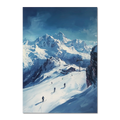 Skiing the Alps - Adventure Awaits - Poster featuring skiers in a snowy alpine landscape with majestic peaks.