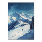 Skiing the Alps - Adventure Awaits - Poster featuring skiers in a snowy alpine landscape with majestic peaks.
