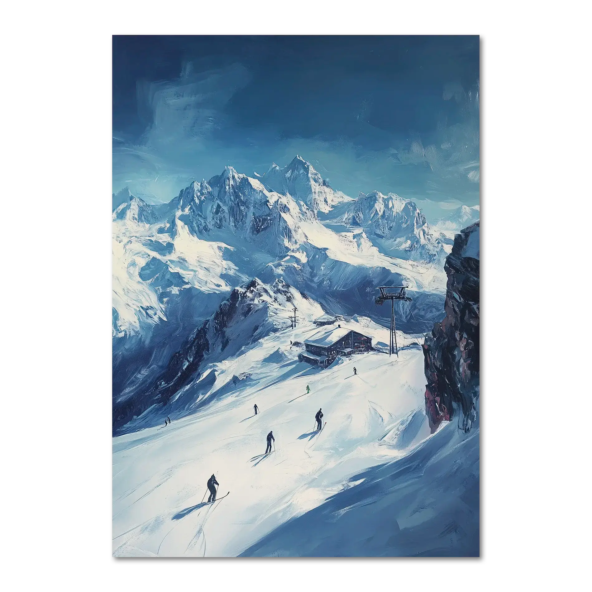 Skiing the Alps - Adventure Awaits - Poster featuring skiers in a snowy alpine landscape with majestic peaks.