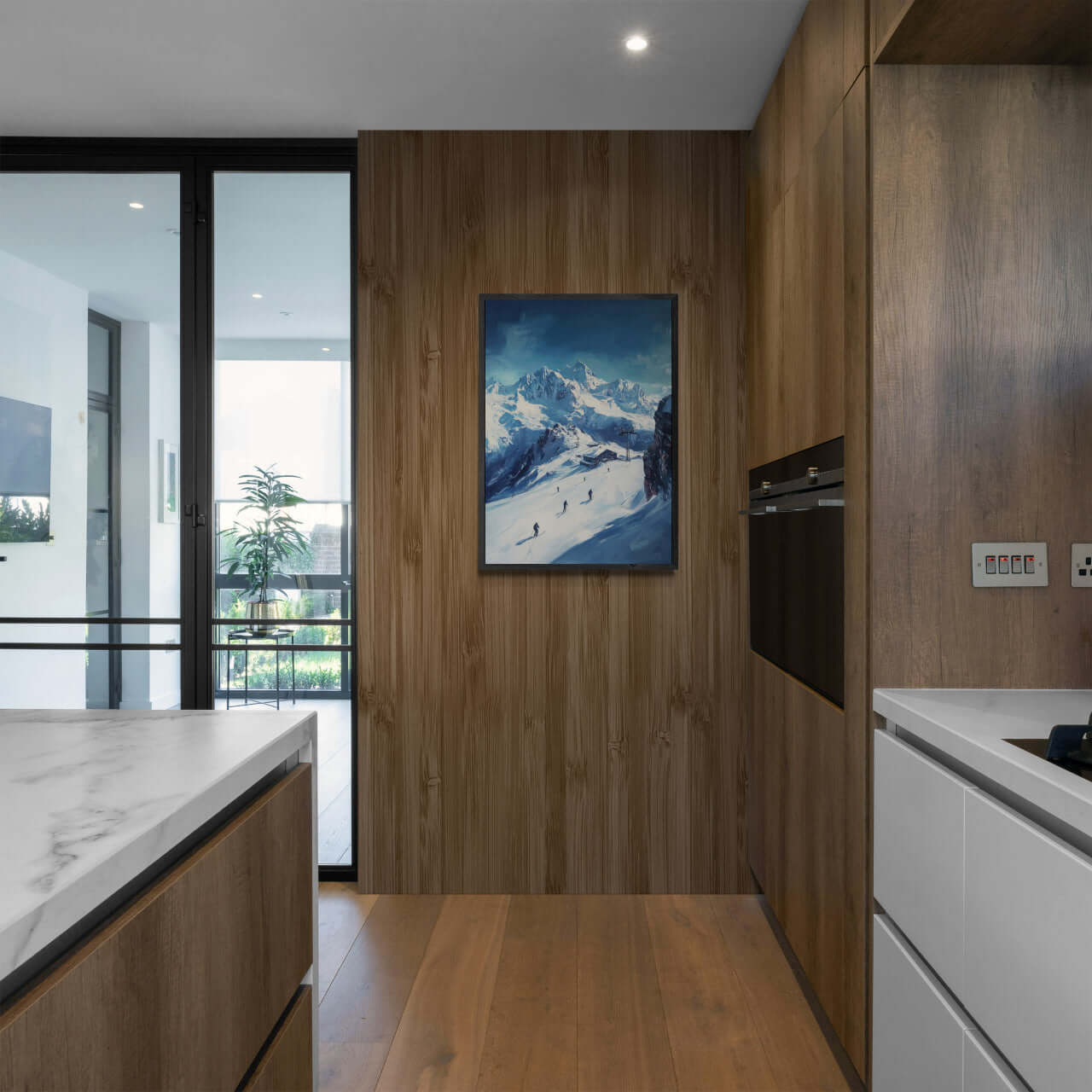 Skiing the Alps - Adventure Awaits - Poster hanging in a modern kitchen with wood accents and large windows.