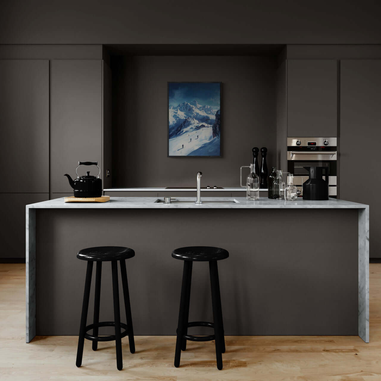 Skiing the Alps - Adventure Awaits - Poster displayed in a modern kitchen with black stools and marble countertop.