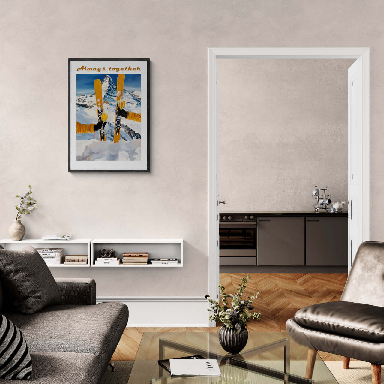 Skis, mountains, wine - Poster elegantly displayed in a modern living room with a kitchen view.