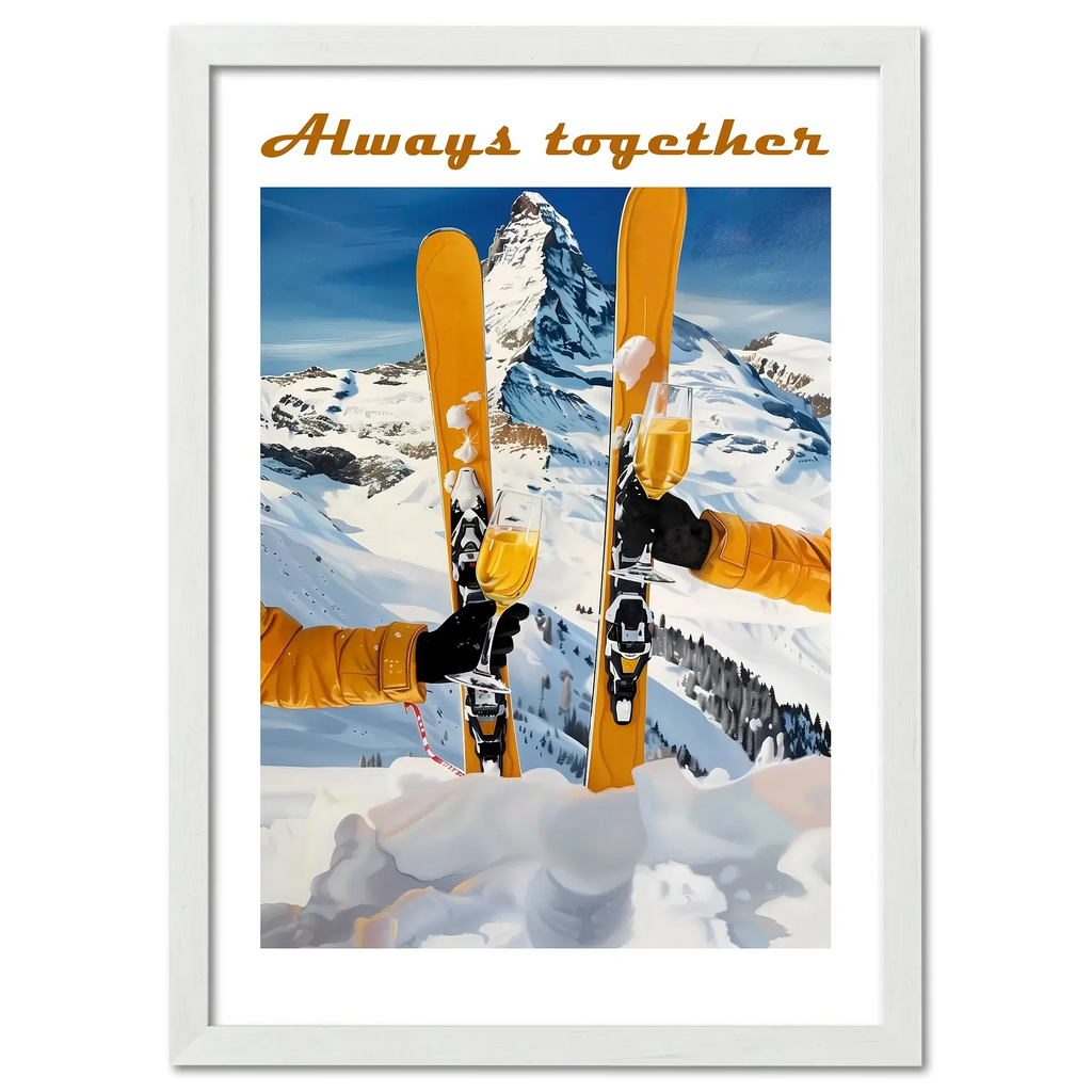 Skis, mountains, wine - Poster featuring skiers celebrating with wine against a stunning alpine backdrop.