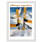 Skis, mountains, wine - Poster featuring skiers celebrating with wine against a stunning alpine backdrop.