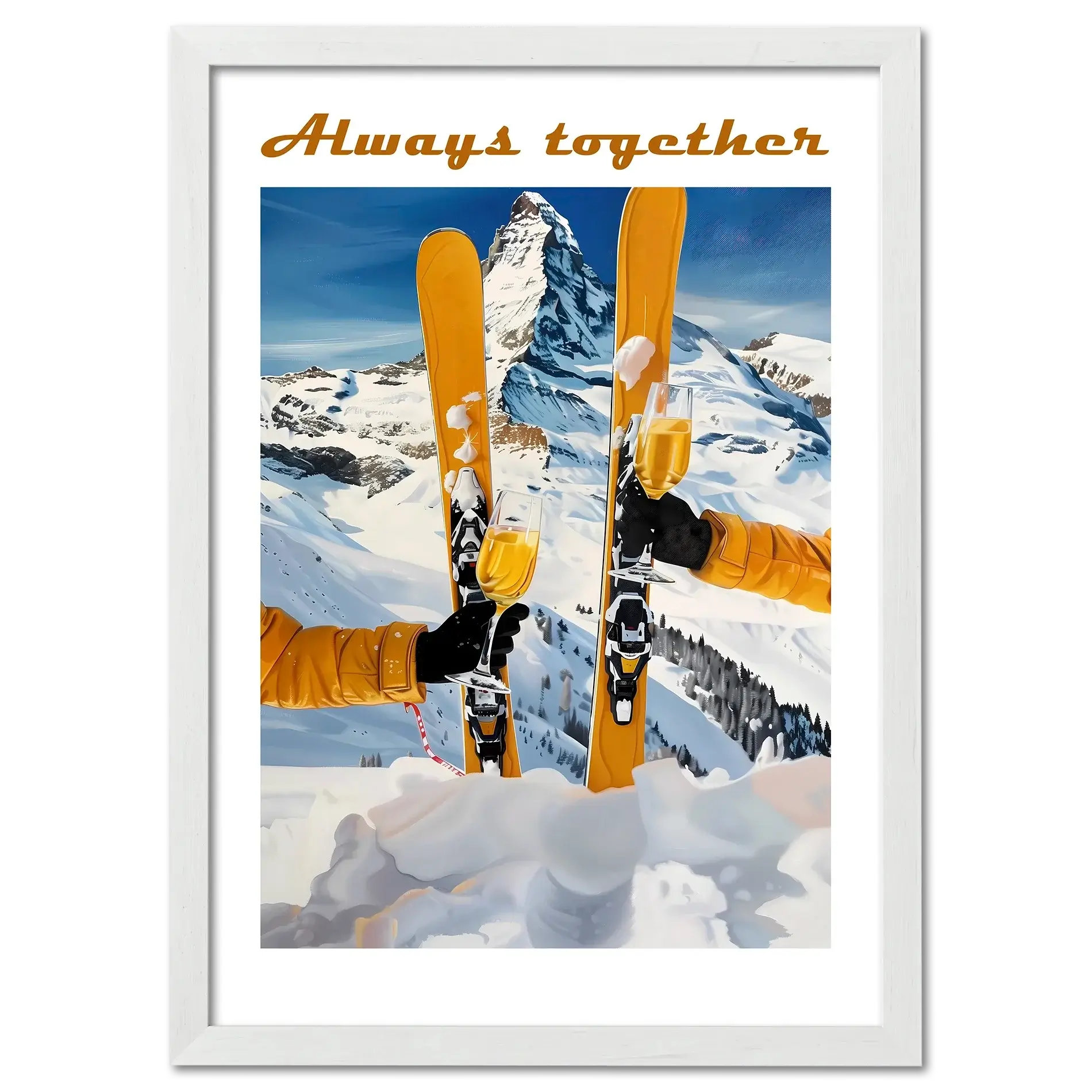 Skis, mountains, wine - Poster featuring skiers celebrating with wine against a stunning alpine backdrop.