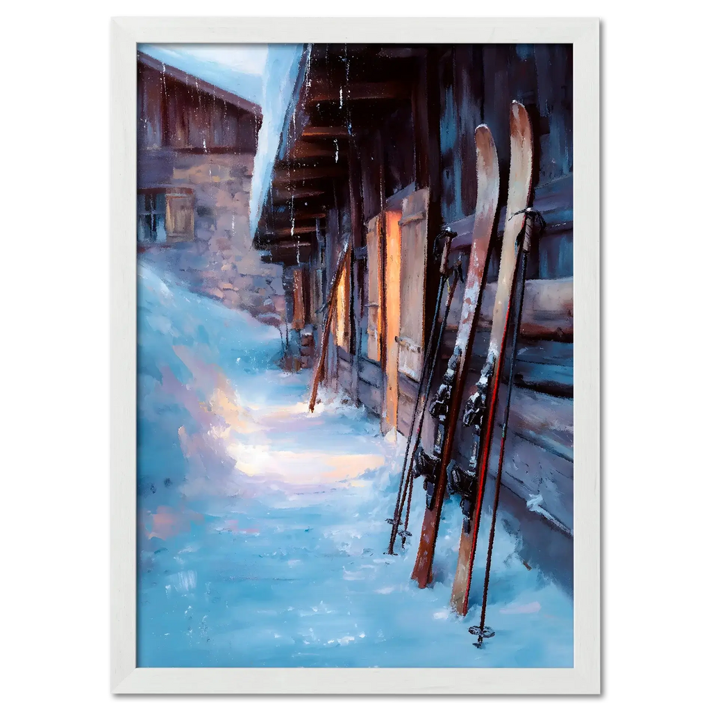 Skis by the Barn, Evening Descent - Poster showing skis resting against a barn in an alpine evening setting.