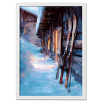 Skis by the Barn, Evening Descent - Poster showing skis resting against a barn in an alpine evening setting.