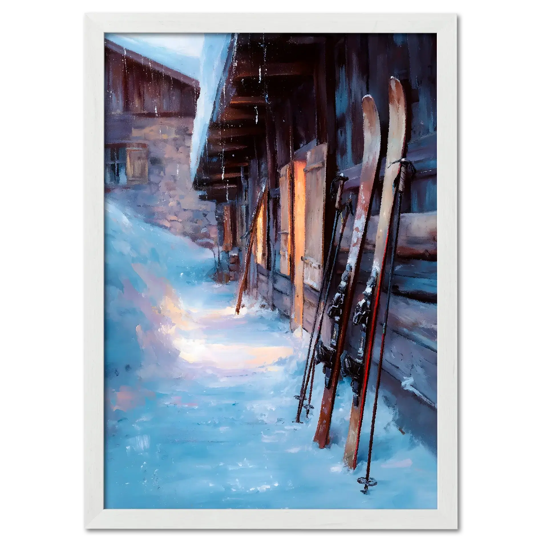 Skis by the Barn, Evening Descent - Poster showing skis resting against a barn in an alpine evening setting.