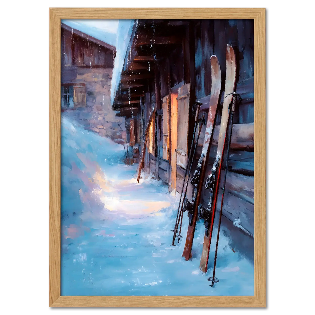 Skis by the Barn, Evening Descent - Poster showing skis against a barn in a snowy evening scene.