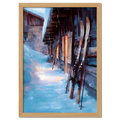 Skis by the Barn, Evening Descent - Poster showing skis against a barn in a snowy evening scene.