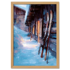 Skis by the Barn, Evening Descent - Poster showing skis against a barn in a snowy evening scene.