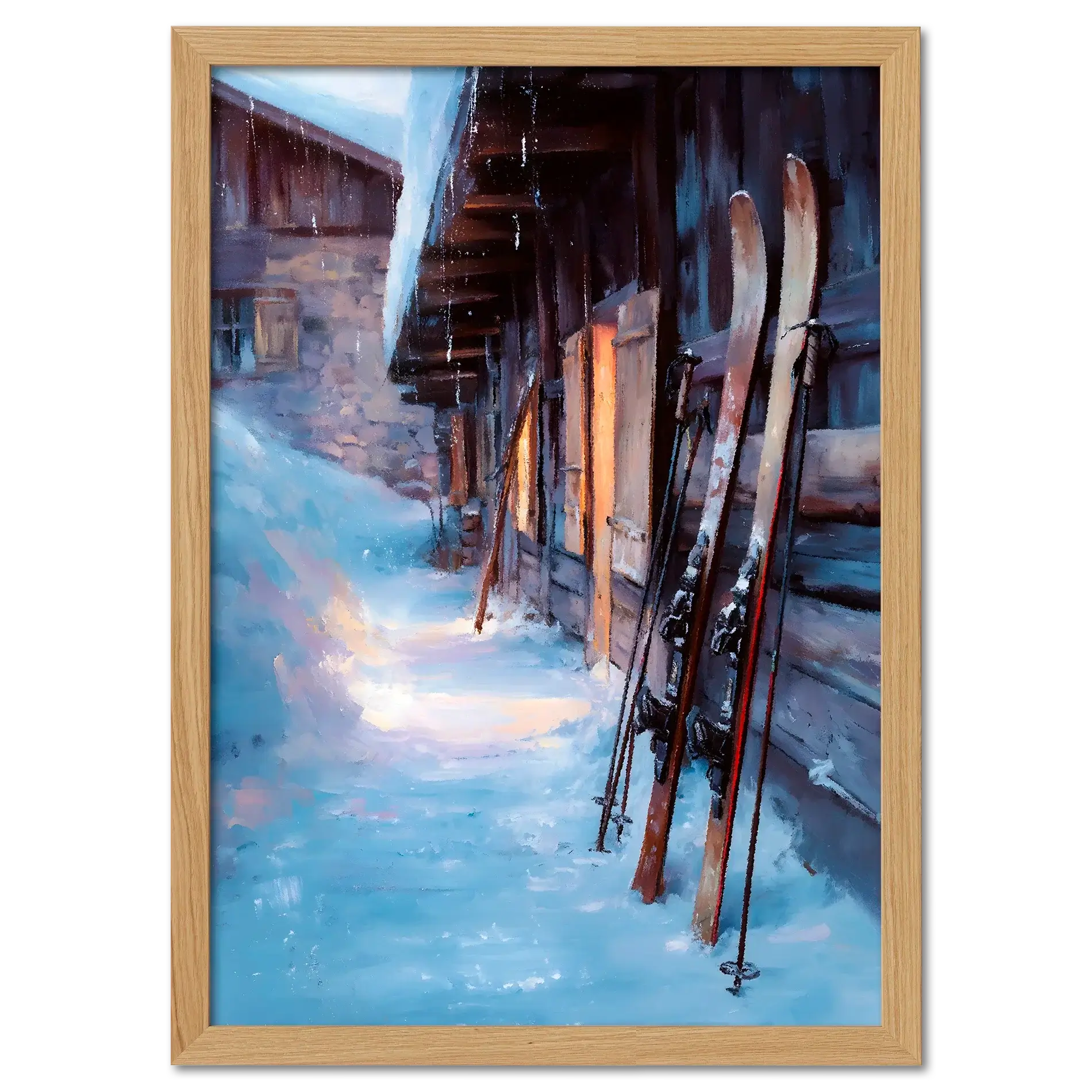 Skis by the Barn, Evening Descent - Poster showing skis against a barn in a snowy evening scene.