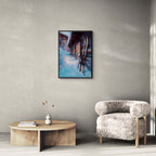 Skis by the Barn, Evening Descent - Poster featuring a serene alpine scene with skis and warm light.