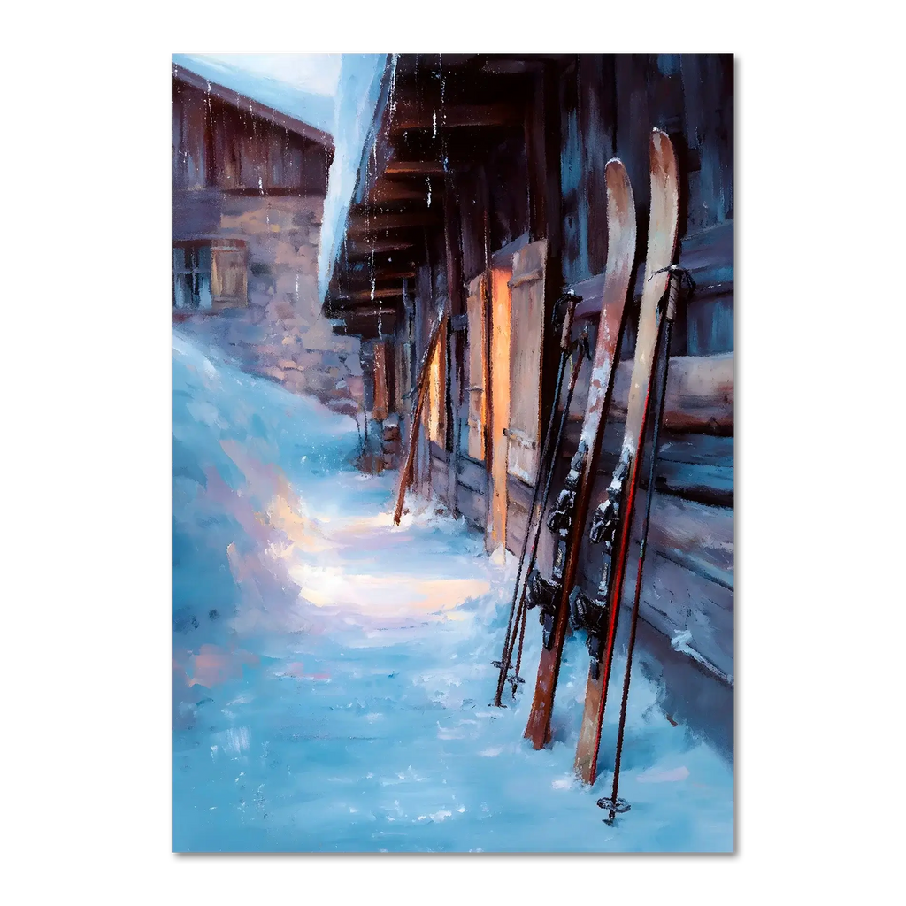 Skis by the Barn, Evening Descent - Poster depicting skis against a barn in a peaceful snowy alpine setting.