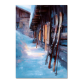 Skis by the Barn, Evening Descent - Poster depicting skis against a barn in a peaceful snowy alpine setting.