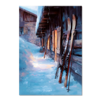 Skis by the Barn, Evening Descent - Poster depicting skis against a barn in a peaceful snowy alpine setting.