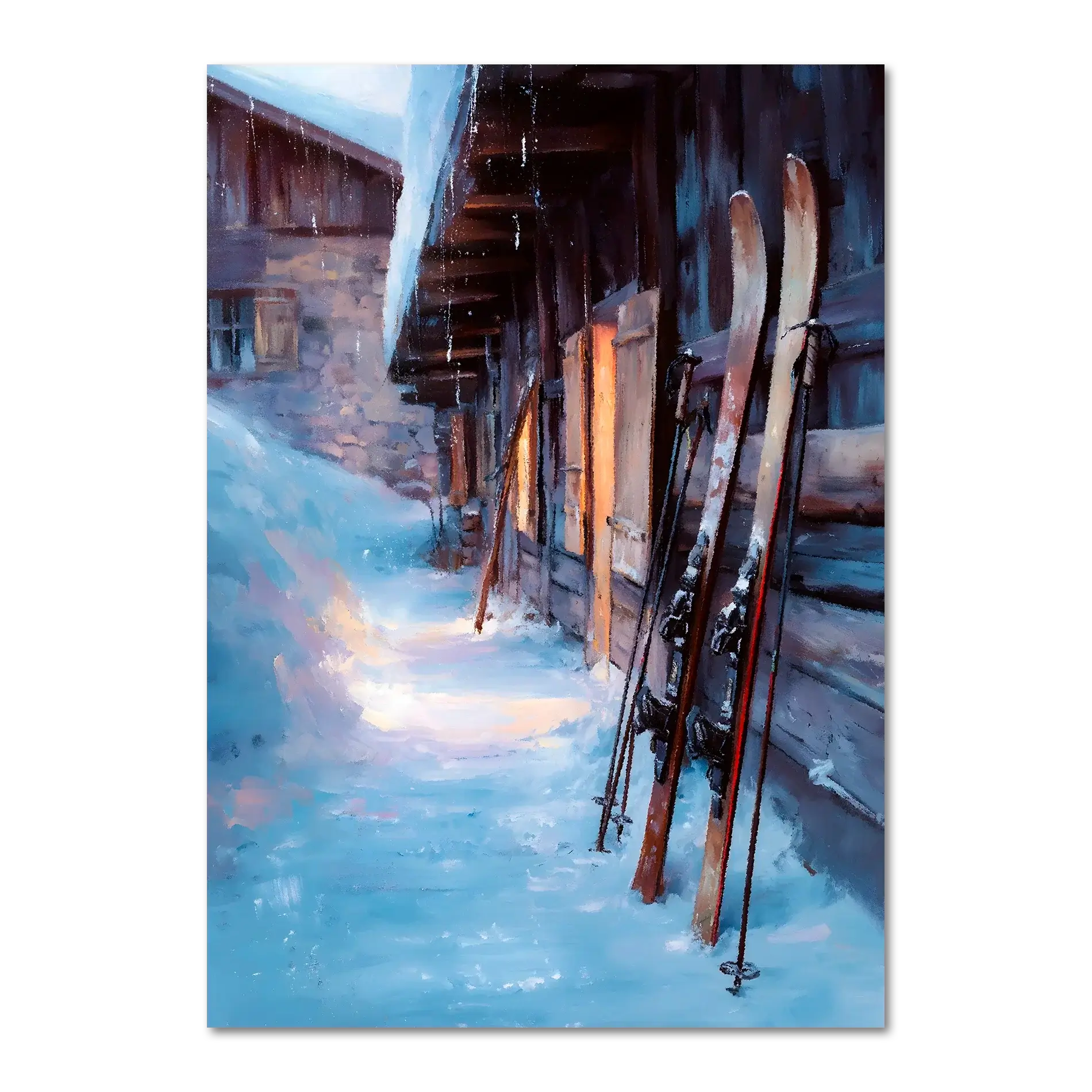 Skis by the Barn, Evening Descent - Poster depicting skis against a barn in a peaceful snowy alpine setting.