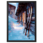 Skis by the Barn, Evening Descent - Poster featuring skis resting against a barn in a serene alpine setting.