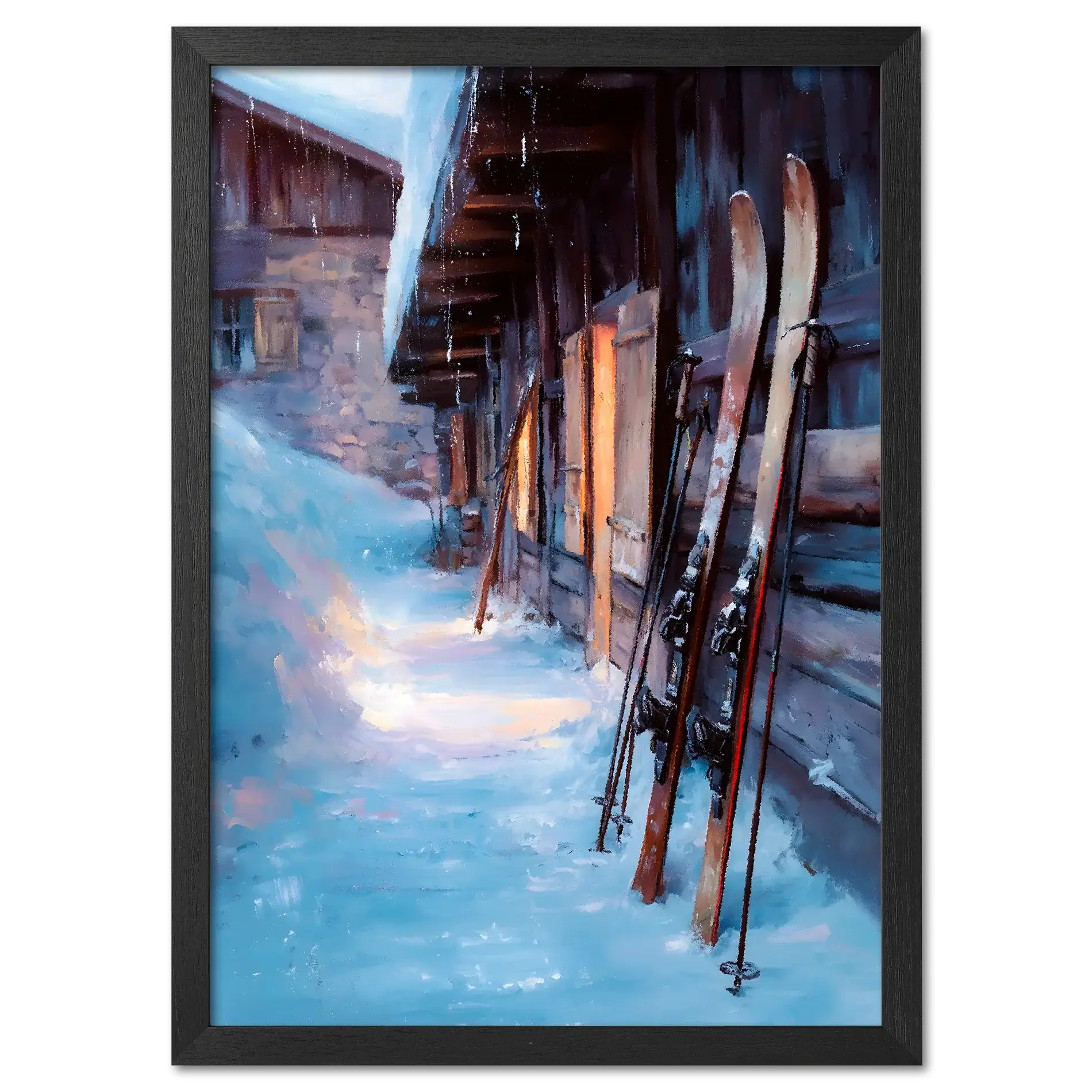 Skis by the Barn, Evening Descent - Poster featuring skis resting against a barn in a serene alpine setting.