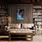 Skis by the Barn, Evening Descent - Poster displayed in a cozy living room setting.
