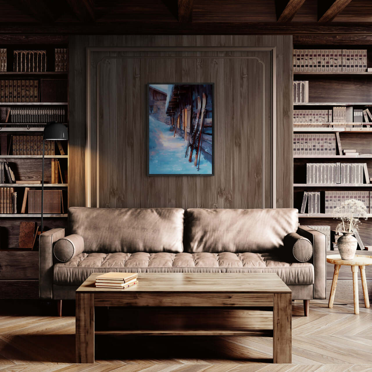 Skis by the Barn, Evening Descent - Poster displayed in a cozy living room setting.