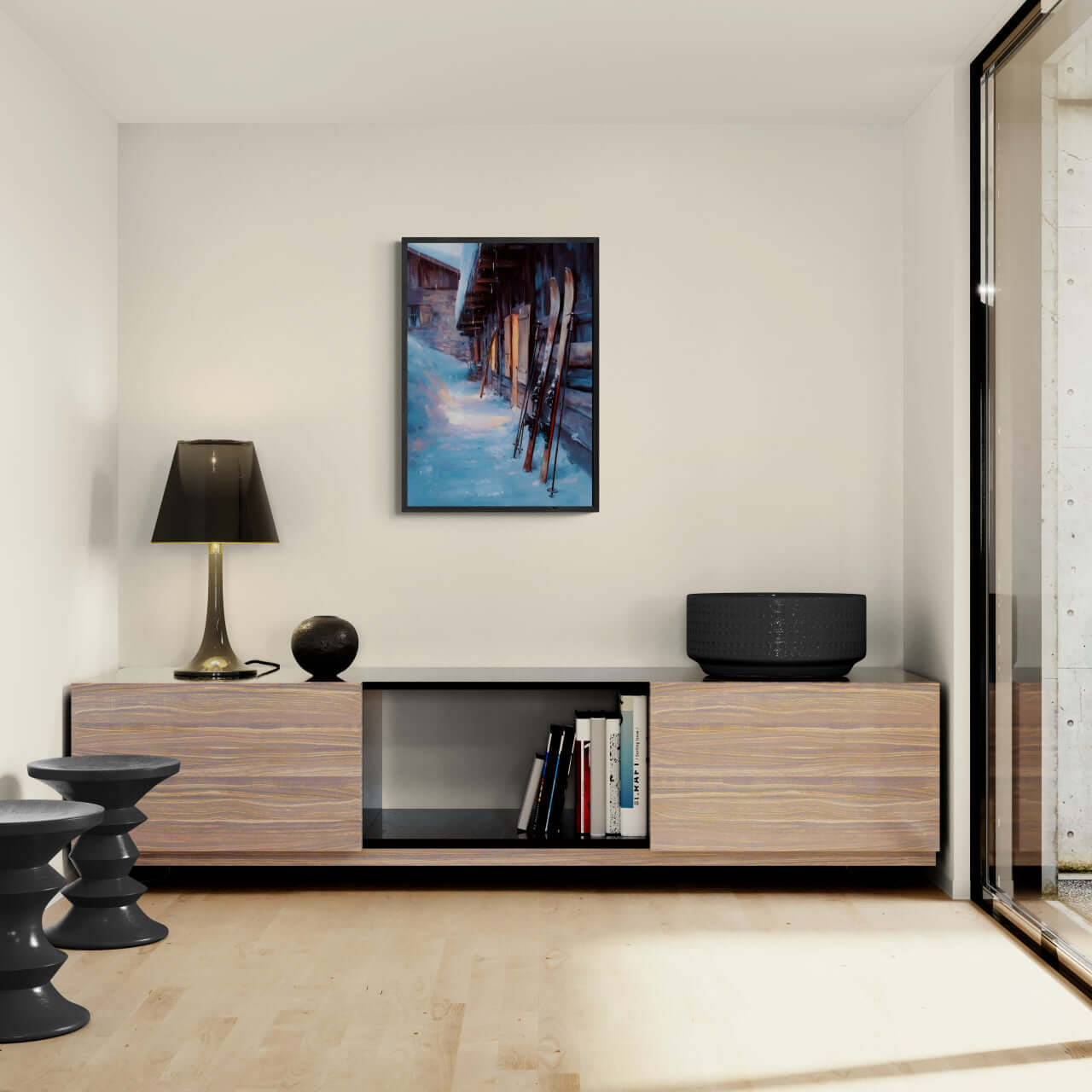 Skis by the Barn, Evening Descent - Poster displayed in a modern interior with wooden furniture.