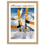 Skis, mountains, wine - Poster featuring skiers toasting with champagne against snowy mountain backdrop.
