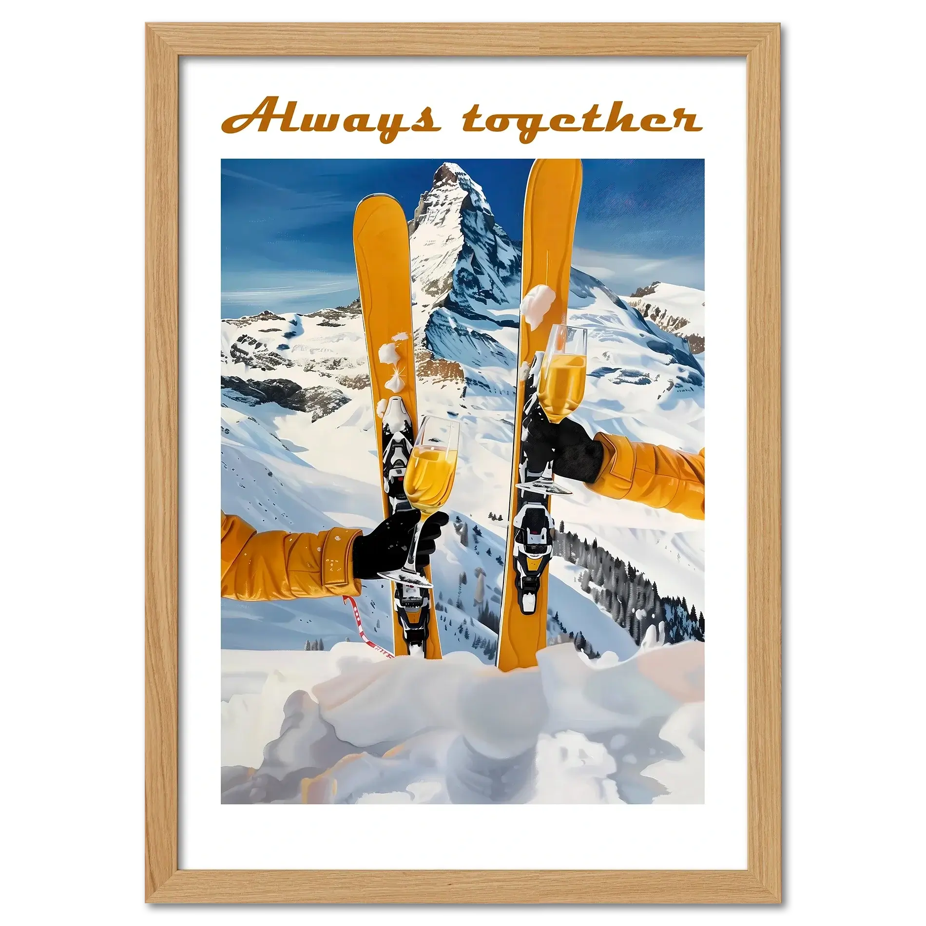 Skis, mountains, wine - Poster featuring skiers toasting with champagne against snowy mountain backdrop.