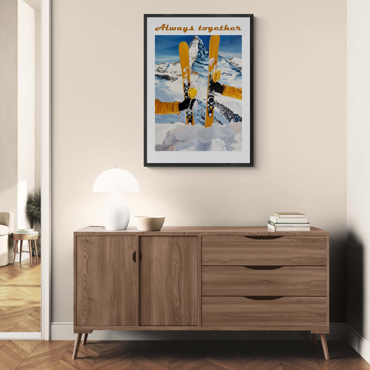 Skis, mountains, wine - Poster showcasing skiers in front of alpine backdrop, perfect for modern wall art.