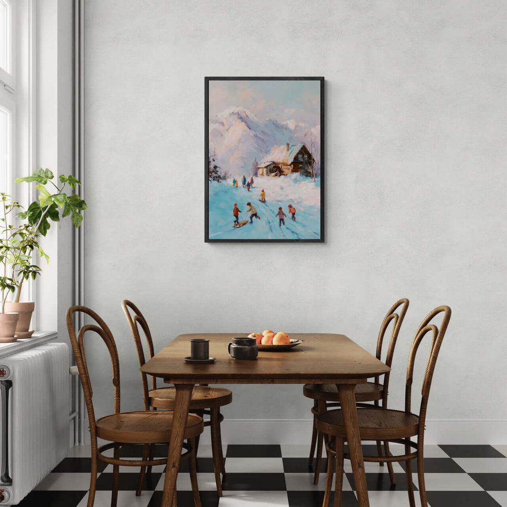 Sled Run, Alps Ridge - Poster featuring children playing in snow near an alpine cabin in a bright dining area.