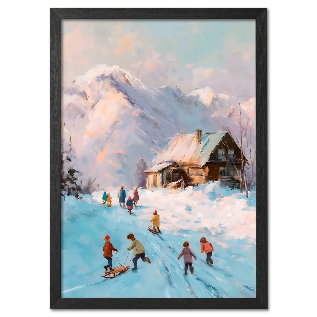 Sled Run, Alps Ridge - Poster showing children playing in the snow near a wooden cabin with mountains in the background.