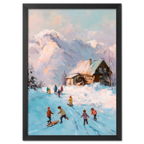 Sled Run, Alps Ridge - Poster showing children playing in the snow near a wooden cabin with mountains in the background.