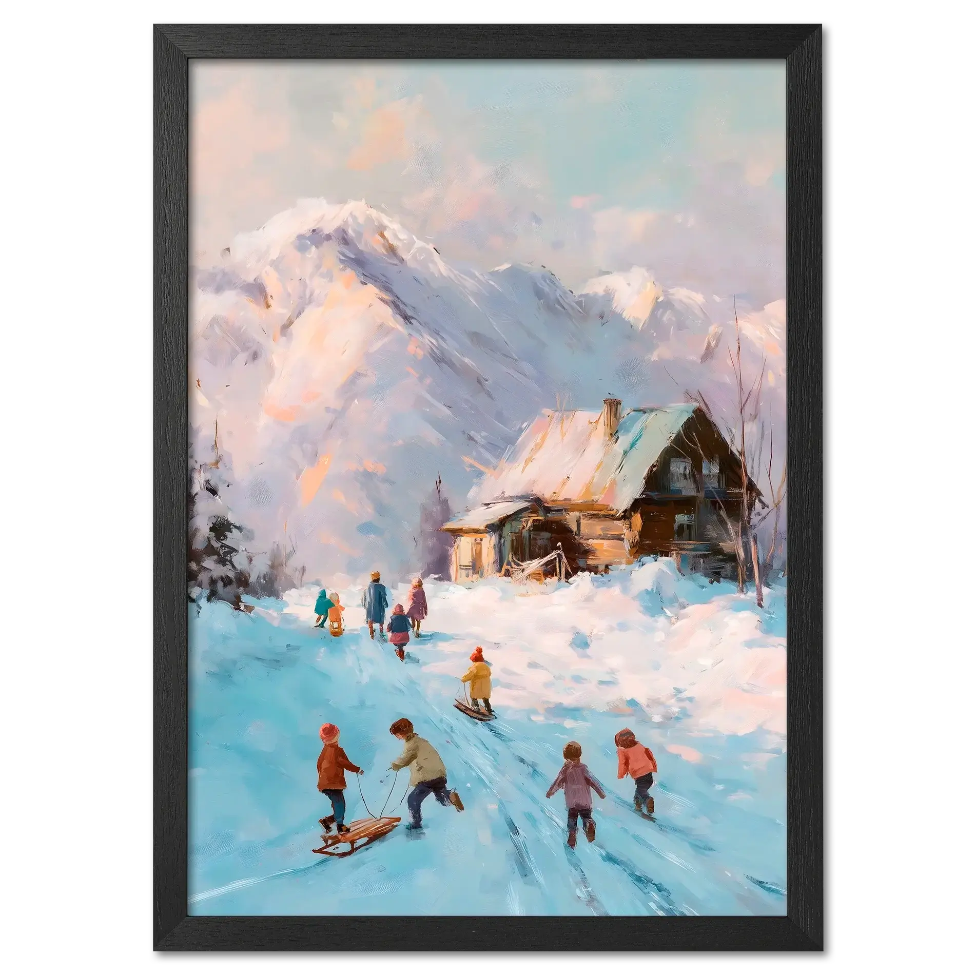 Sled Run, Alps Ridge - Poster showing children playing in the snow near a wooden cabin with mountains in the background.