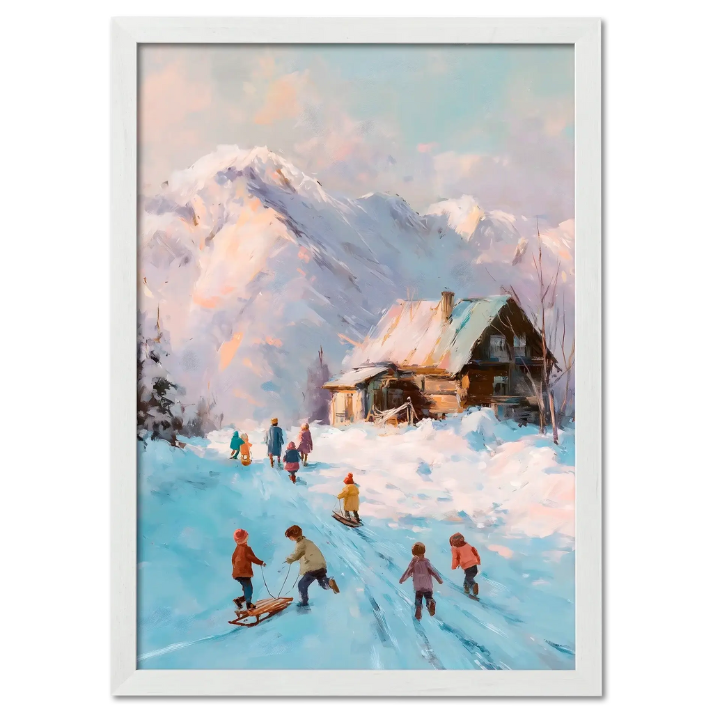 Sled Run, Alps Ridge - Poster featuring children playing in the snow near an alpine cabin with pastel mountains.