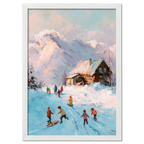 Sled Run, Alps Ridge - Poster featuring children playing in the snow near an alpine cabin with pastel mountains.