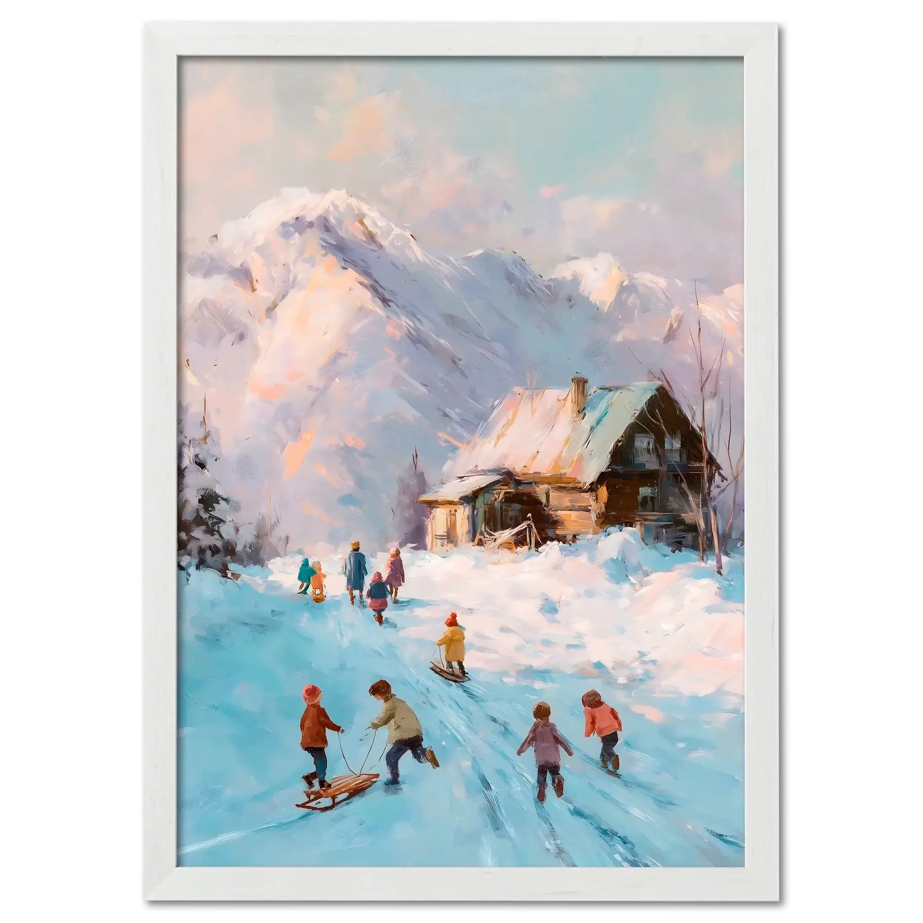Sled Run, Alps Ridge - Poster featuring children playing in the snow near an alpine cabin with pastel mountains.