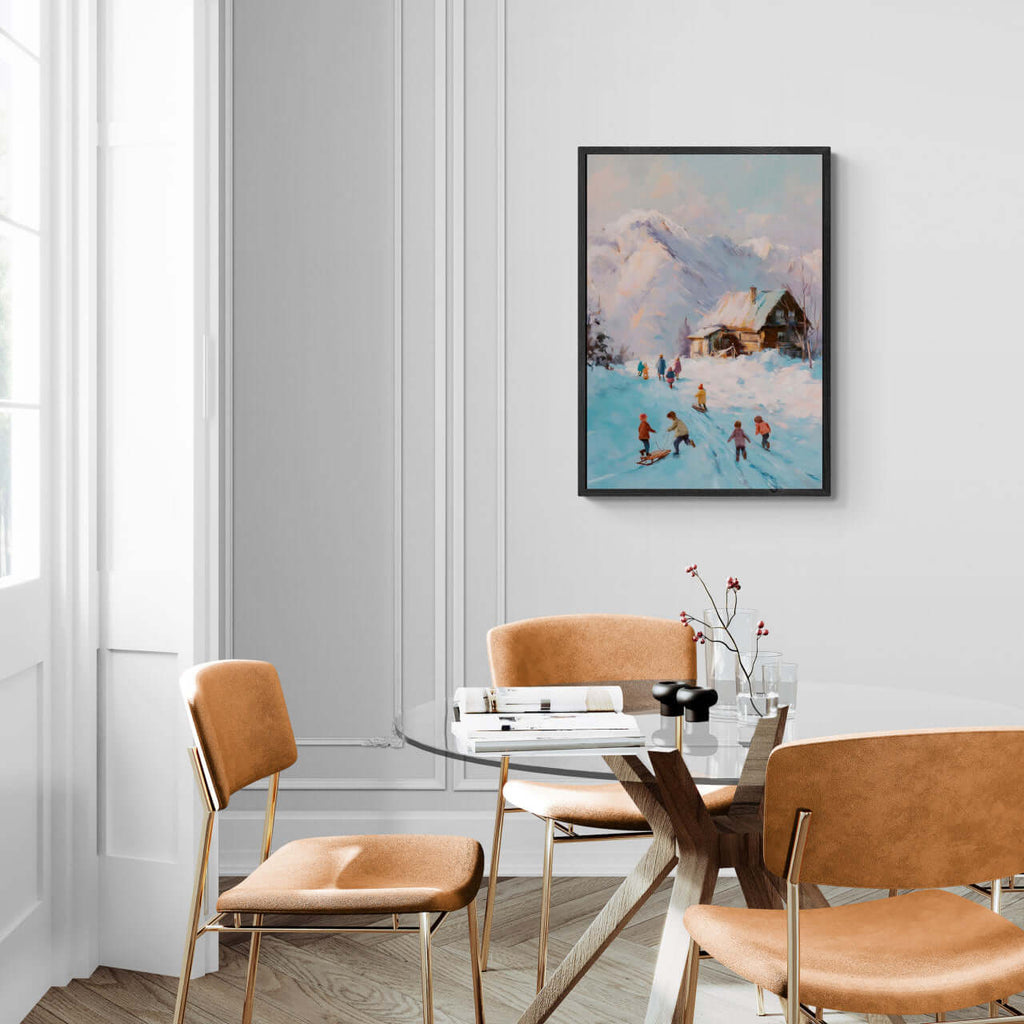 Sled Run, Alps Ridge - Poster featuring children in snow by a cabin, ideal wall art for modern interiors.