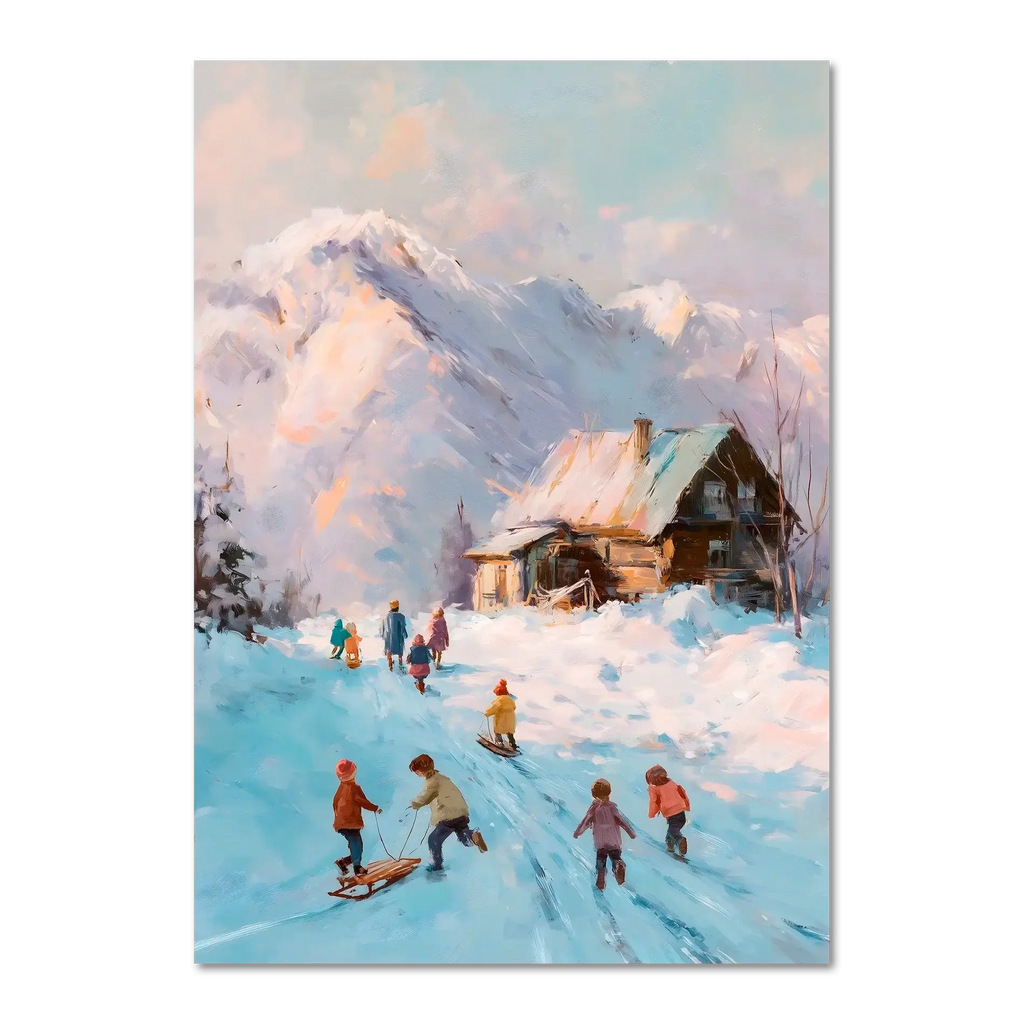 Sled Run, Alps Ridge - Poster depicting children playing in snow near a wooden cabin with mountains in the background.