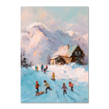 Sled Run, Alps Ridge - Poster depicting children playing in snow near a wooden cabin with mountains in the background.