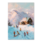 Sled Run, Alps Ridge - Poster depicting children playing in snow near a wooden cabin with mountains in the background.