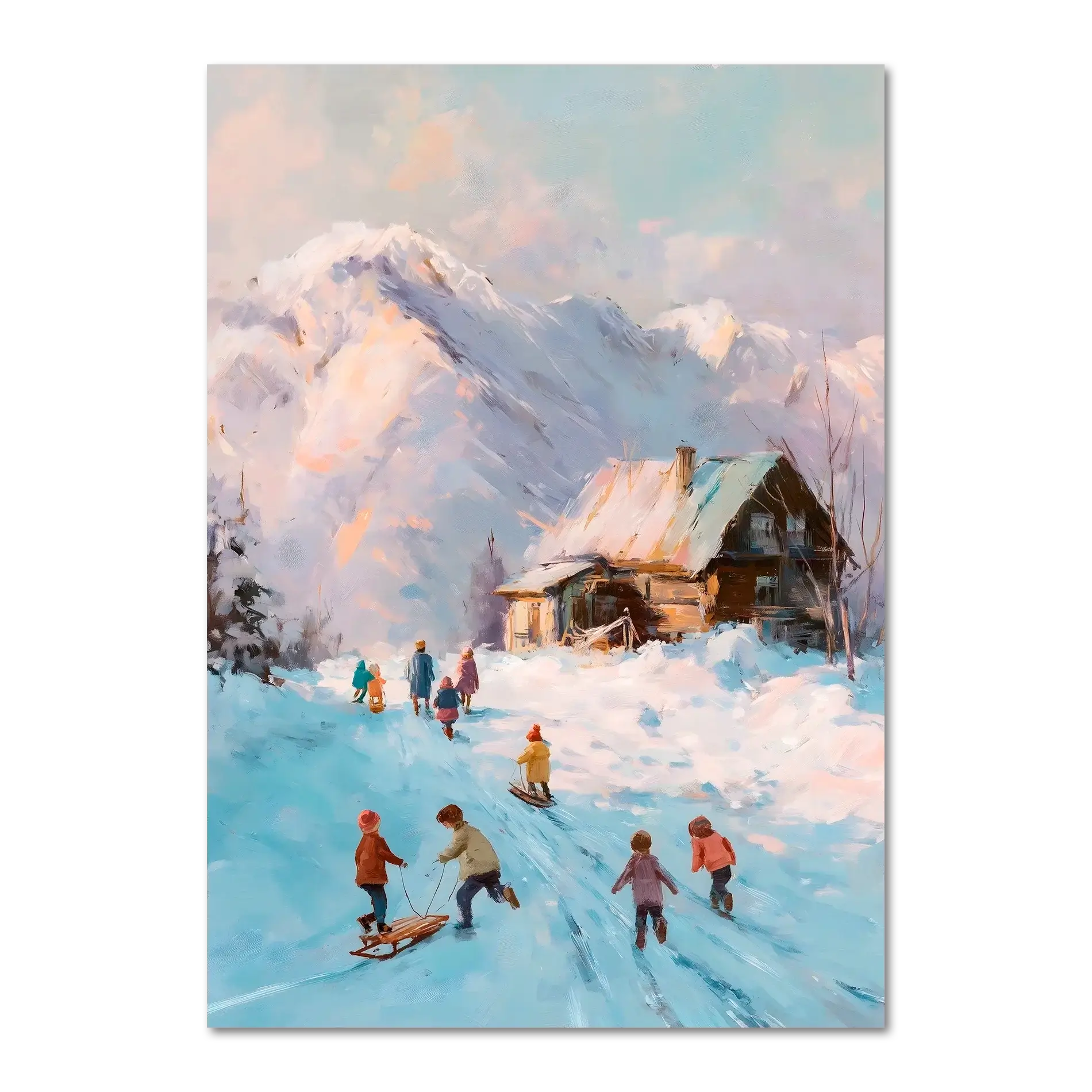 Sled Run, Alps Ridge - Poster depicting children playing in snow near a wooden cabin with mountains in the background.